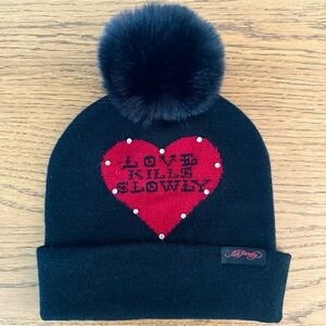 Ed Hardy by Christian Audigier Love Kills Slowly Black Beanie Faux Fur Puff Pom
